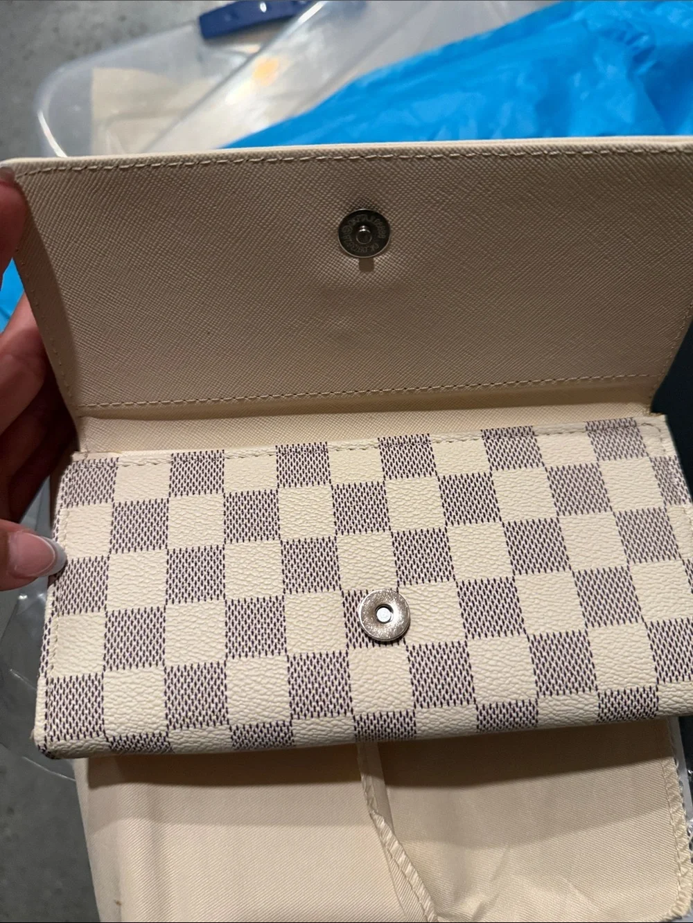 Check Canvas Fold Wallet in Beige with Light Blue Accent